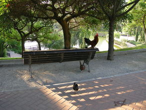 Mestský park v ktorom sa voľne prechádza domáce vtáctvo a králiky